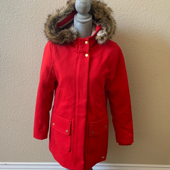 Abercrombie & Fitch Vibrant Red Wool Jacket with Faux Fur Hood - Picture 1 of 15